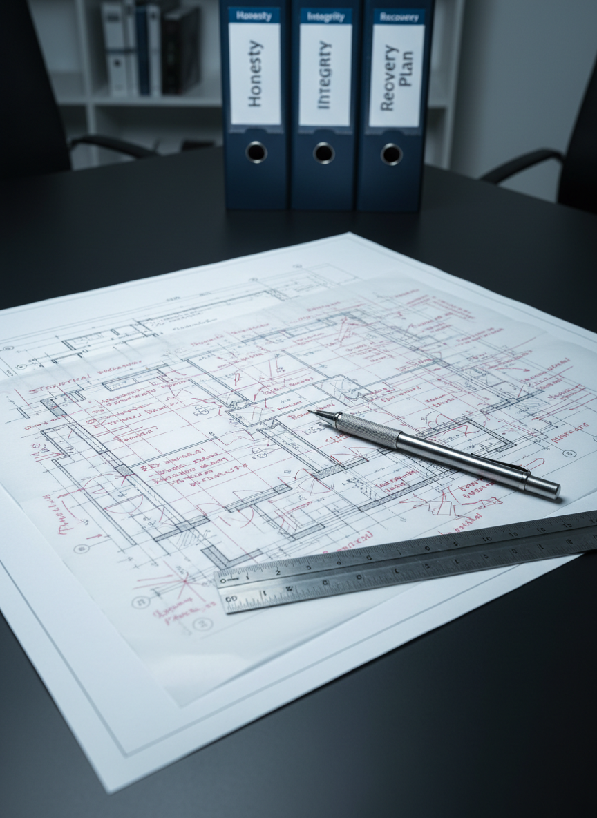 A detailed architectural blueprint spread across a large, matte-black table, overlaid with translucent tracing paper covered in precise red corrections and annotations. A heavy mechanical pencil and a stainless-steel ruler rest diagonally across the plans, their edges catching the light. In the background, out of focus, are upright binders labeled “Honesty,” “Integrity,” and “Recovery Plan.” Cool, diffused studio lighting from above highlights the crisp lines and layered textures without harsh shadows. Shot from a top-down, bird’s-eye view, the composition emphasizes structure, planning, and revision. The mood is focused and methodical, reinforcing the idea of rebuilding a life with intention. Photographic realism with a sleek, professional aesthetic.