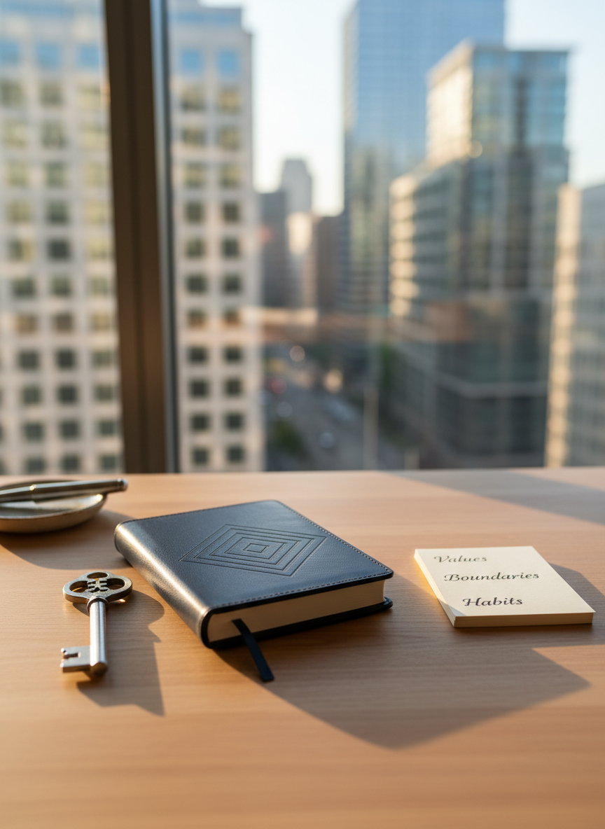 A meticulously organized wooden writing desk with a closed navy-blue leather journal at its center, embossed with a subtle geometric blueprint pattern. Beside it lies a heavy, brushed-steel key and a neatly stacked set of cream index cards labeled “Values,” “Boundaries,” and “Habits.” The desk sits near a large window in a modern, minimalist office, with a blurred city skyline visible beyond. Late-afternoon natural light pours in, creating soft highlights on the leather texture and gentle shadows from the key and cards. Shot at eye level with a shallow depth of field, the focus is on the journal and key, evoking a mood of honesty, commitment, and a fresh start. Photographic realism with a clean, professional aesthetic.