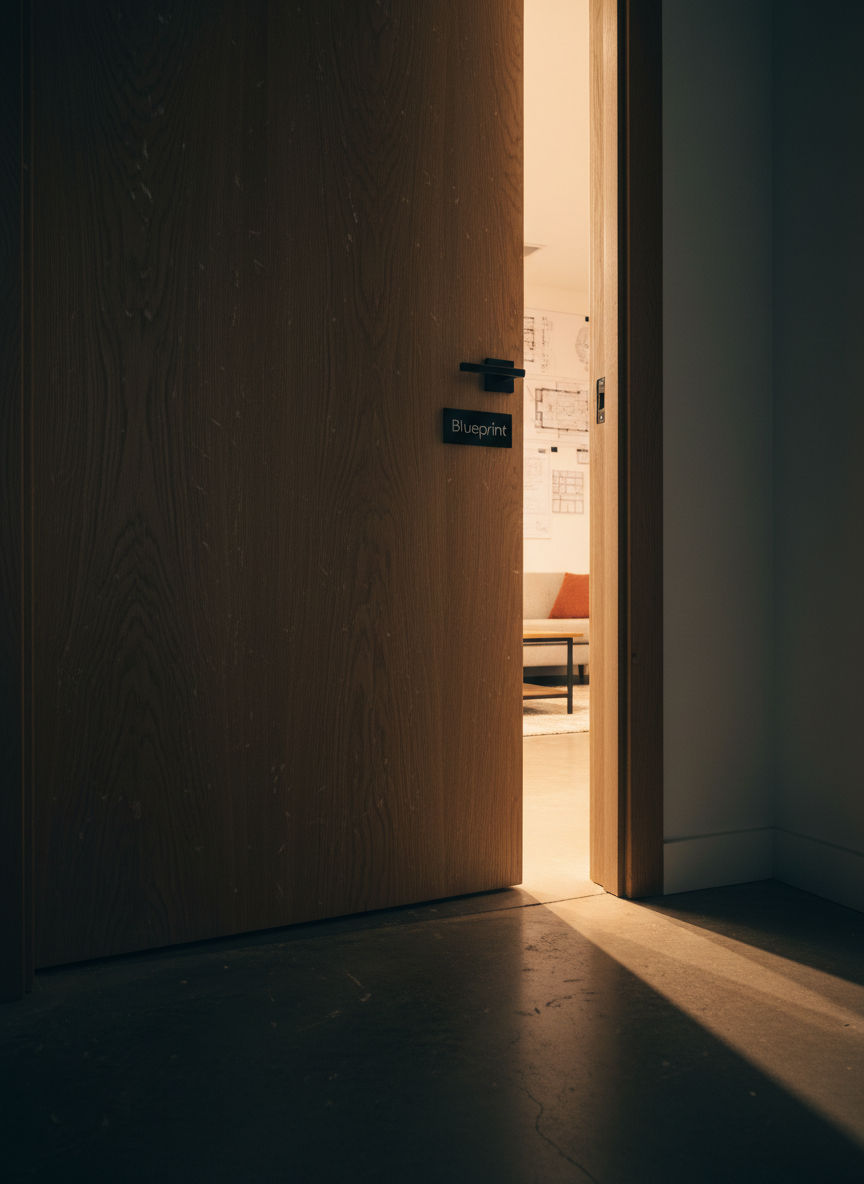 A solid, unfinished oak door slightly ajar, revealing a warm, softly lit interior room beyond, while the foreground remains in cooler, shadowed tones. The door has visible grain, minor scuffs, and a sturdy black metal handle, with a discreet plaque that reads “Blueprint” in refined sans-serif type. Light from within casts a narrow beam across a polished concrete floor, emphasizing the threshold. Captured from a low, angled perspective, the composition uses leading lines to draw the eye toward the opening. The mood is invitational and hopeful, suggesting a step away from secrecy into integrity. Photographic realism with a clean, modern professional style.