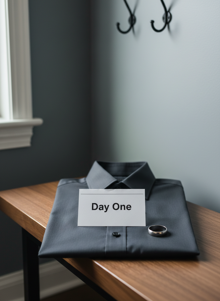 A carefully folded, deep charcoal men’s dress shirt resting on a smooth walnut bench, with a single, sharply creased index card placed on top reading “Day One” in clean black ink. A plain, silver wedding band sits beside the card, its surface showing faint wear. The setting is a minimalist entryway with slate-gray walls and a simple black metal coat hook in the background. Soft morning light streams from the left, creating gentle shadows and a quiet, contemplative atmosphere. Shot from a slightly elevated angle with a shallow depth of field, the shirt, card, and ring remain crisply in focus. Photographic realism with a restrained, professional tone that suggests preparation, accountability, and new routines.